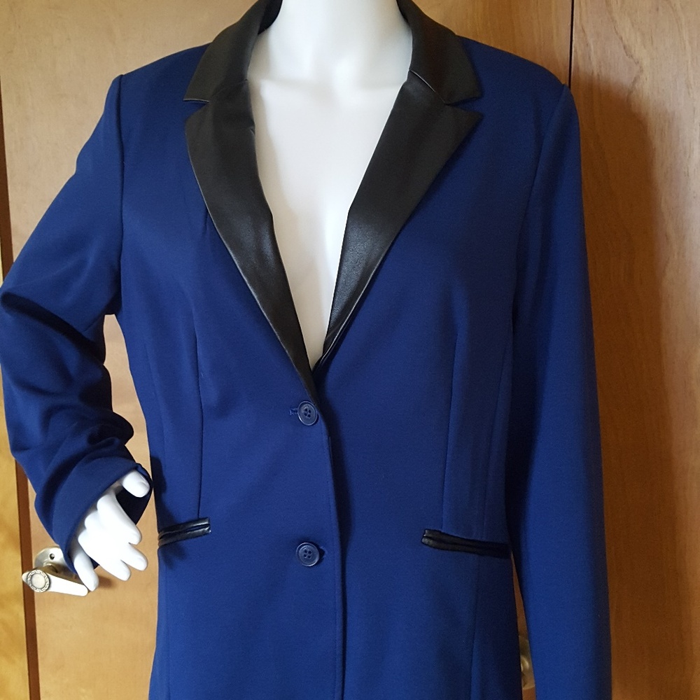 Women's Blue Blazer with Black Faux-Leather Lapel